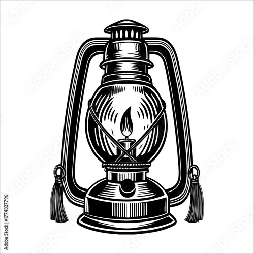 Vintage kerosene lamp illustration isolated on white background old fashioned lantern with flame inside
