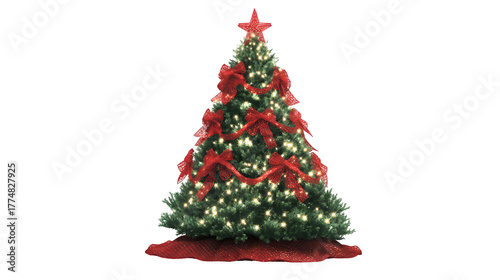 Realistic outdoor Christmas tree wrapped in net lights with oversized red bows and a glowing star topper, festive curb appeal, isolated on white background