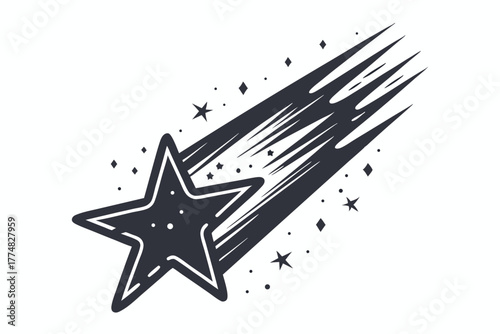 Black five pointed star streaks swiftly across a stark white background conveying speed