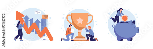 People reaching for trophy, growth chart and putting money in piggy bank