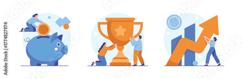 People putting money in piggy bank and reaching for trophy