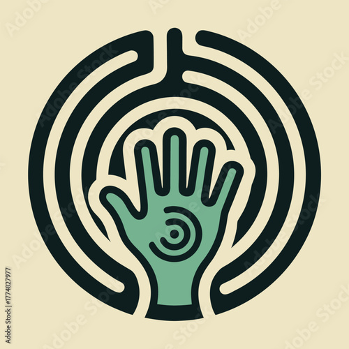 A green hand with a target symbol inside a maze, representing guidance, problemsolving, and finding the right path, symbolizing assistance and support in navigating challenges