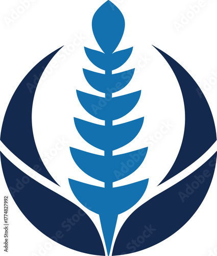 A stylized blue wheat stalk within a circular frame, symbolizing agriculture, harvest, and the bounty of the earth