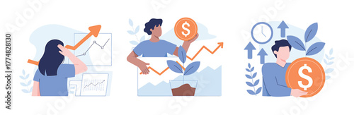 Three illustrations showing financial growth and investment