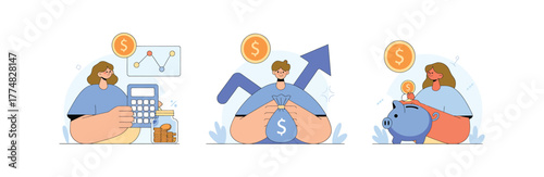 Three illustrations showing financial growth and saving