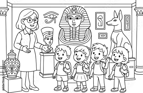 hand drawn vector illustration of Grand Egyptian Museum coloring page for kids
