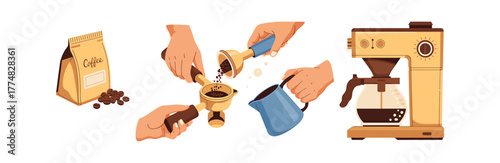 Coffee brewing process with coffee bag, grinder, pitcher and coffee maker