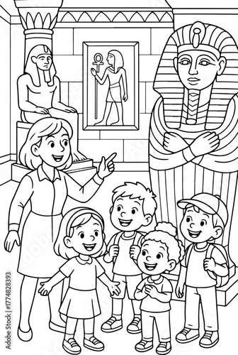 hand drawn vector illustration of Grand Egyptian Museum coloring page for kids