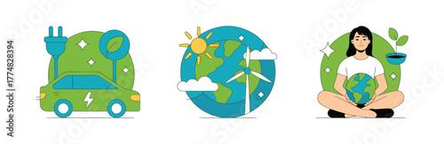 Set of eco friendly icons with electric car, earth and woman