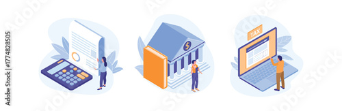 Isometric set of financial accounting, banking and online payment