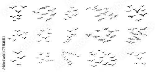Birds flying line in the sky set. Ink grunge flock of birds afar brush hand drawn. markers and crayons