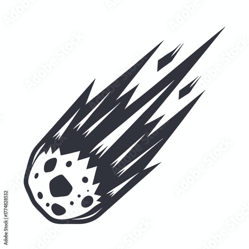 Dark comet hurtles through outer space leaving a fiery, jagged trail behind