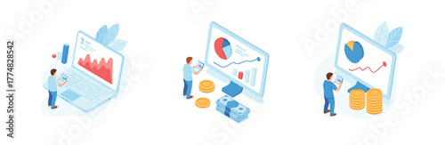 Isometric set of financial analysis, data analysis and investment