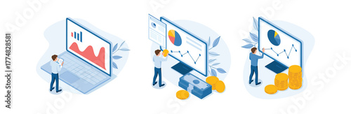 Isometric set of financial analysis, data analysis and investment