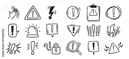 Warnings related hand drawn doodle simple icons set. Vector line drawing warnings related icons.