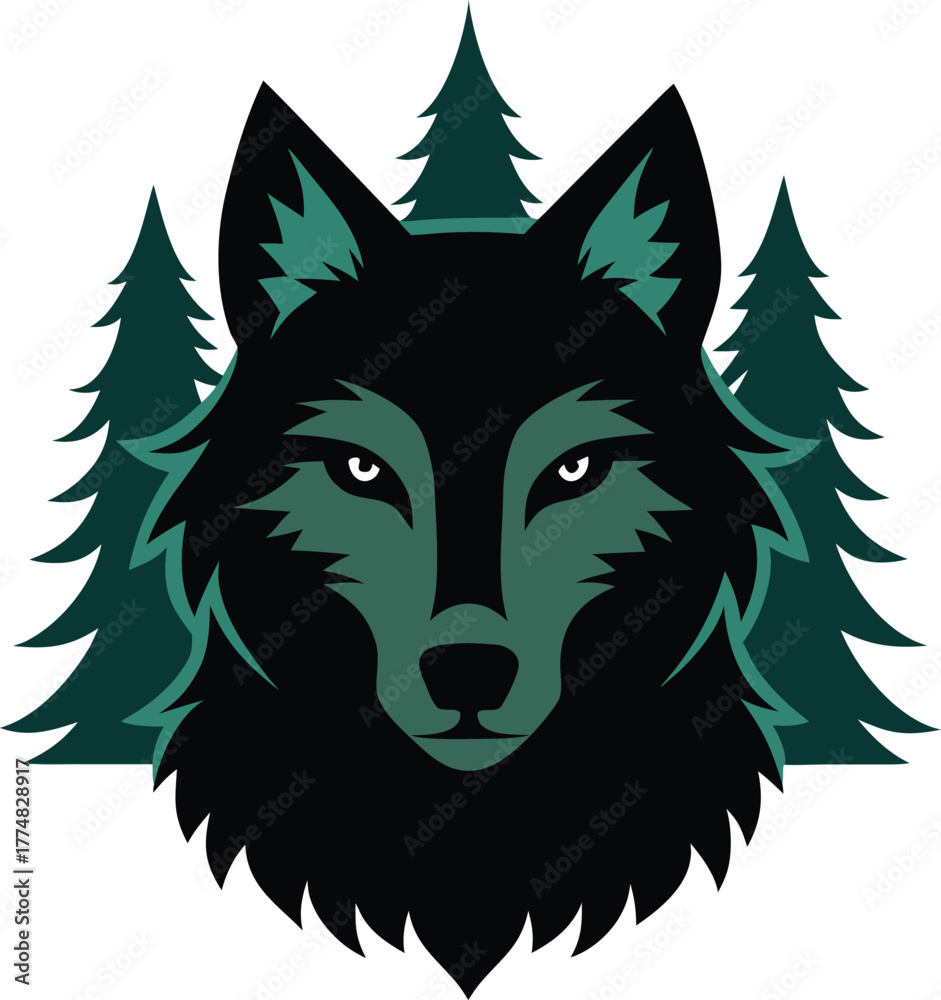 Fototapeta premium Illustration of a wolf head with trees, perfect for logos, emblems, or graphic designs related to nature, wildlife, or sports teams, showcasing a fierce and majestic animal