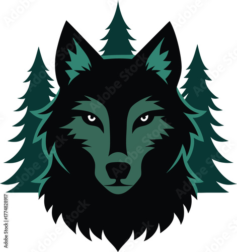 Illustration of a wolf head with trees, perfect for logos, emblems, or graphic designs related to nature, wildlife, or sports teams, showcasing a fierce and majestic animal