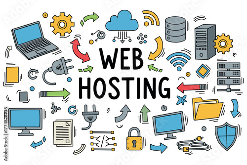 Web hosting concept with technology icons and cloud elements
