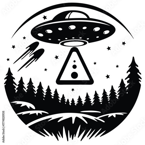 A UFO appears above a dense forest, casting a beam on a warning sign