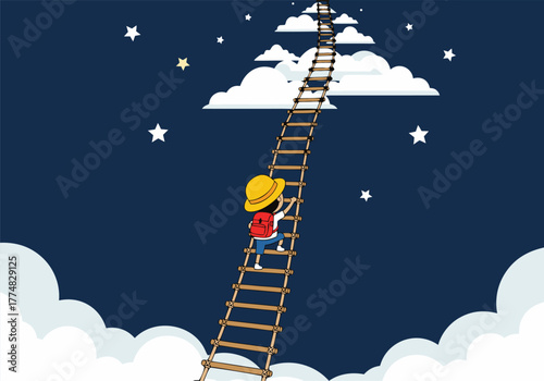 Boy climbing ladder to sky vector for motivation concept