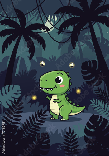Cute dinosaur vector in dark jungle with fireflies at night