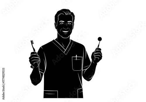 Smiling dentist holding toothbrush and dental mirror generative ai