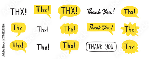 THX speech bubble yellow bright set. Thank you hand drawn quote text. Doodle thx phrase.