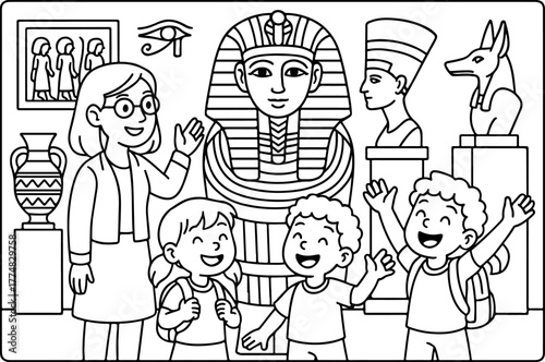 hand drawn vector illustration of Grand Egyptian Museum coloring page for kids