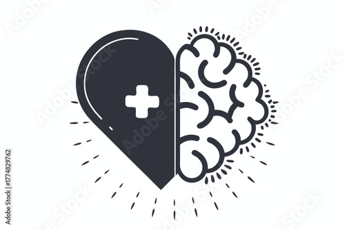 Conceptual monochrome heart and brain icon symbolizes emotional and logical intelligence balance