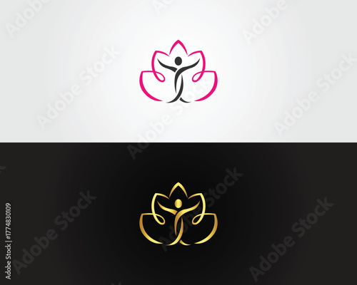 Stylized human figure in lotus flower logo pink and gold versions vector template symbol person