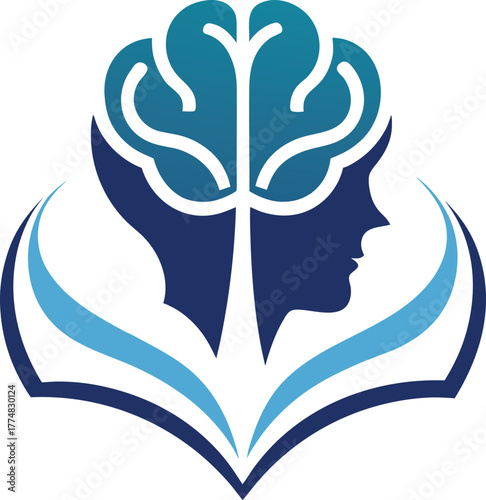 A captivating logo design featuring a brain silhouette and an open book, symbolizing knowledge, learning, and mental health, set against a clean