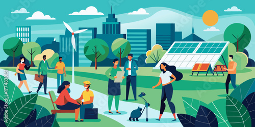 Diverse family in a green city park with solar and wind energy in flat vector
