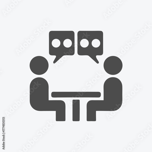 Group of people in a meeting together, discussing ideas with speech bubbles overhead