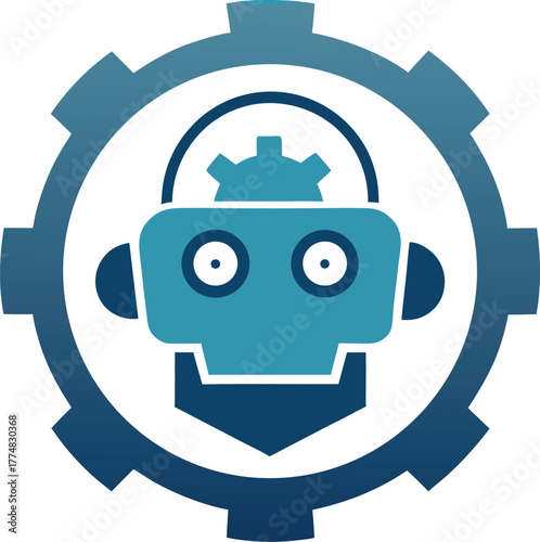 A blue robot head inside a gear, representing automation, artificial intelligence, and technological advancement in modern industry