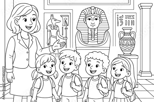 hand drawn vector illustration of Grand Egyptian Museum coloring page for kids