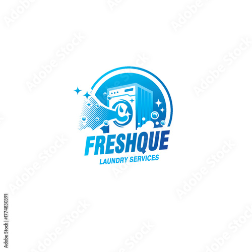 Modern Laundry Service Logo template Design – Freshque Washing Machine Icon with Bubbles and Clean Concept
