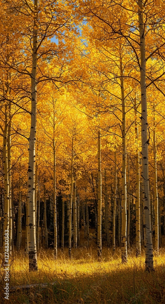 Obraz premium A dazzling display of golden and bright yellow aspen foliage filling a dense autumn forest landscape under the warm afternoon sun ,outdoors ,plants ,natural