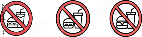 No Fast Food or Drink Allowed Line Icon Set: Minimal Prohibition Sign with Burger and Soda Outline Vector