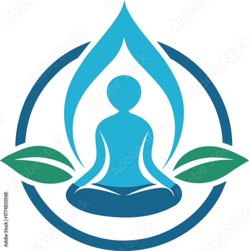 Yoga and meditation logo with human figure in lotus position, surrounded by water drop and leaves, representing wellness, balance, and natural health