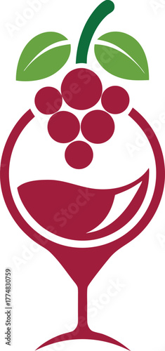 Elegant wine glass logo with grapes and leaves, perfect for wineries, vineyards, or winerelated businesses, conveying sophistication and quality