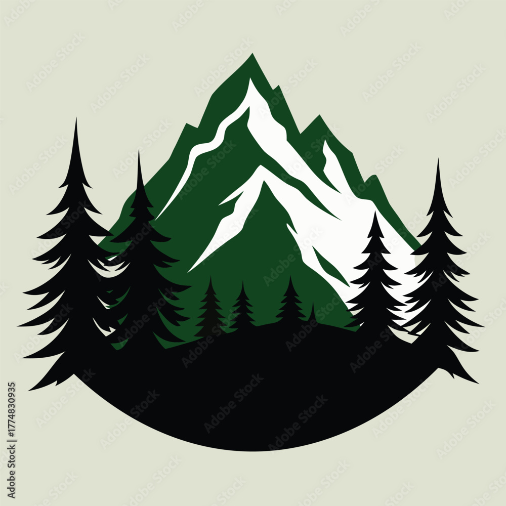 Obraz premium Majestic mountain peak with snowcapped summit rises above a dense forest of evergreen trees, creating a serene and picturesque landscape