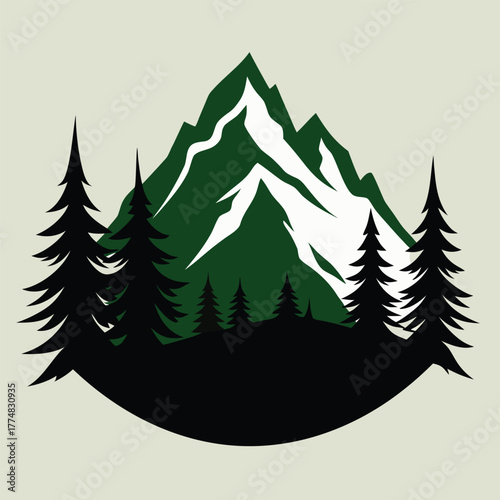 Majestic mountain peak with snowcapped summit rises above a dense forest of evergreen trees, creating a serene and picturesque landscape