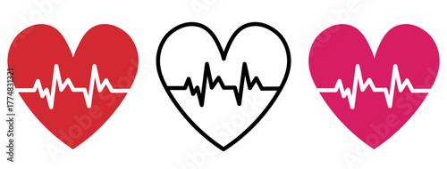 Heartbeat icon set in red,black and pink color. Heartbeat pulse flat icon for medical apps and websites. Vector illustration. Heart vector icons. Set of heartbeat icon on isolated background
