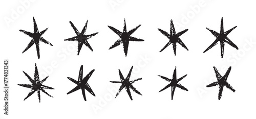 Grunge black stars brush spray paint. Hand drawn doodle stars texture, rough modern elements.