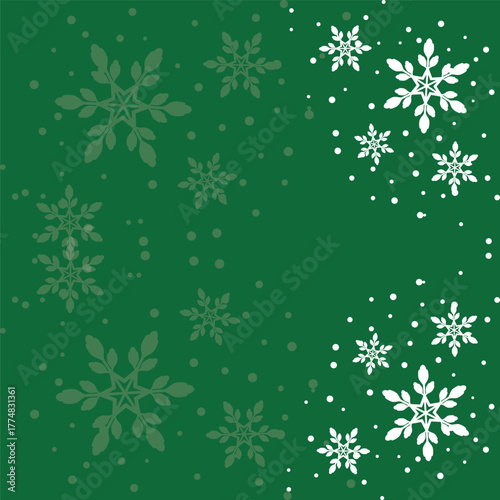 Elegant green Christmas background with decorative snowflake border and falling snow dots. Perfect winter holiday backdrop for greeting cards, invitations, posters, wrapping and festive design.