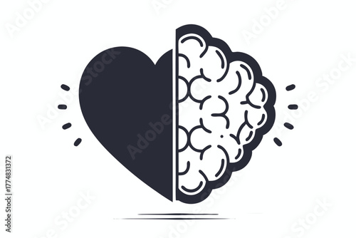 Half heart and brain concept illustrates emotion balancing logic to improve mental health