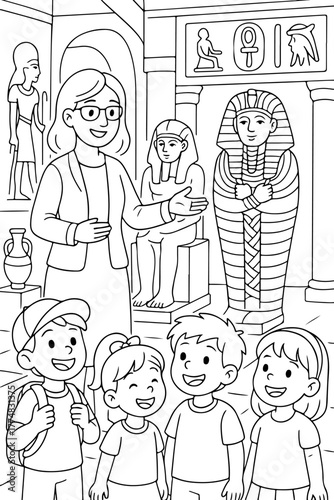 hand drawn vector illustration of Grand Egyptian Museum coloring page for kids