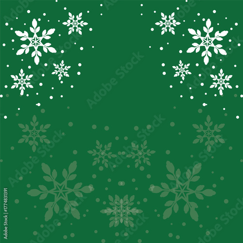 Elegant green Christmas background with decorative snowflake border and falling snow dots. Perfect winter holiday backdrop for greeting cards, invitations, posters, wrapping and festive design.