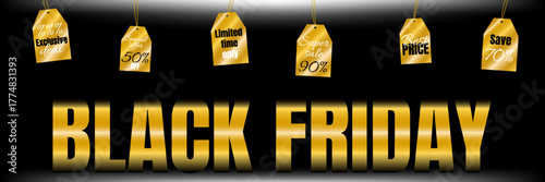 Black Friday black and gold promo banner with suspended sale labels