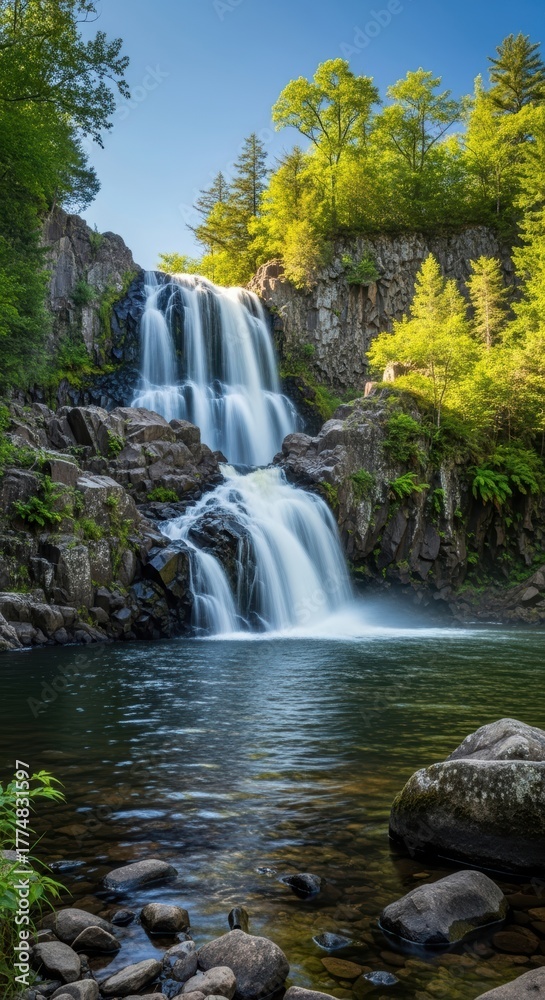 Fototapeta premium Inviting Multi-tiered Waterfall with Silky Water Effect. Landscape View of a Sunny Day Cascade. Waterfall with Rich Greens and Earthy Browns Palette.
